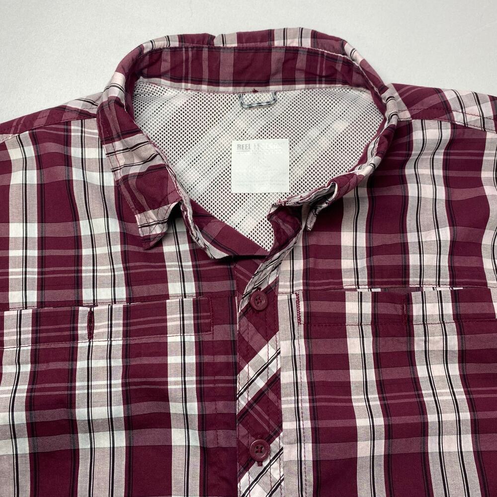 Reel Legends Performance Fishing Shirt – Burgundy Plaid Short Sleeve XL